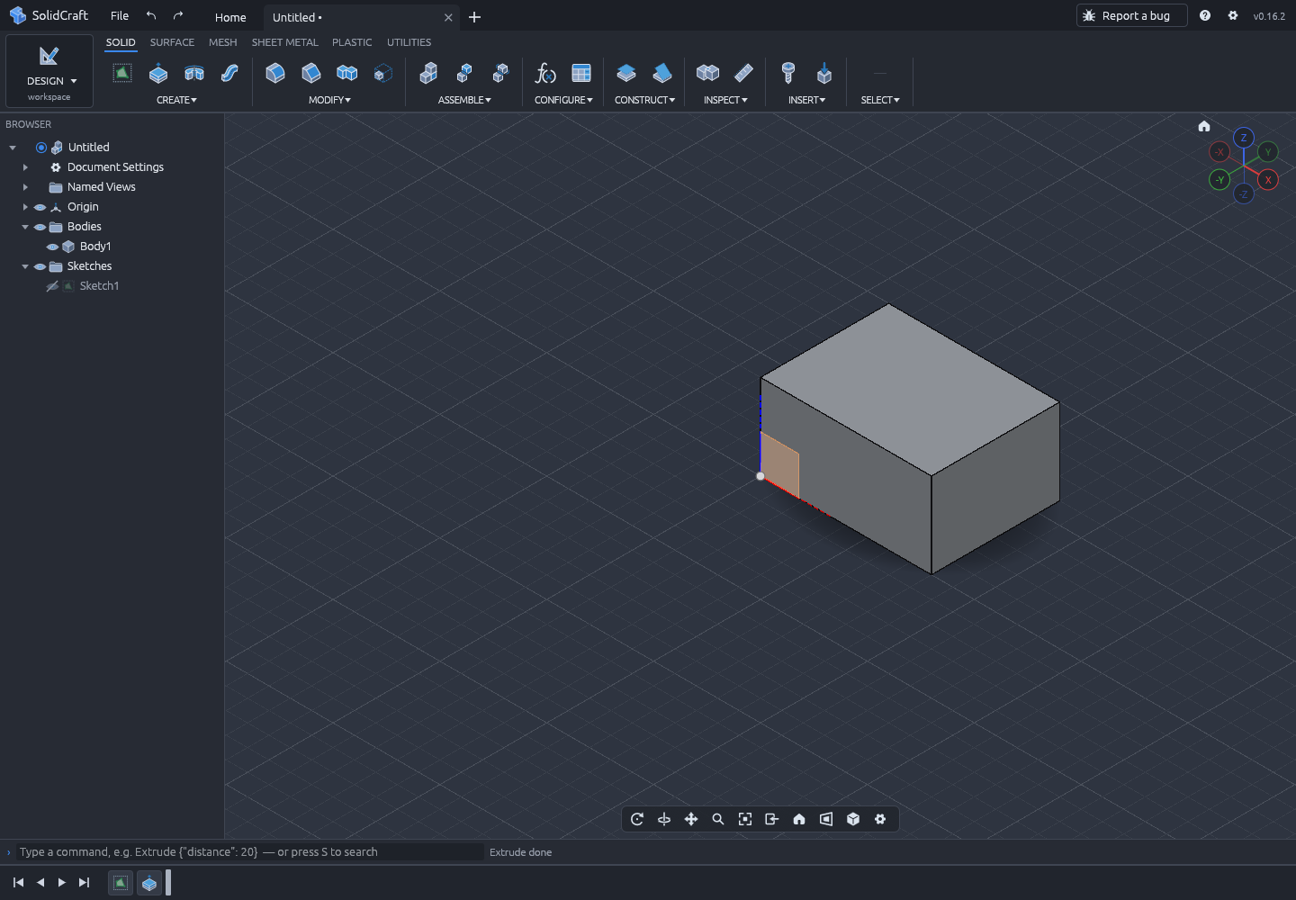 SolidCraft showing a 40 by 30 by 20 mm box with its sketch and body in the browser tree